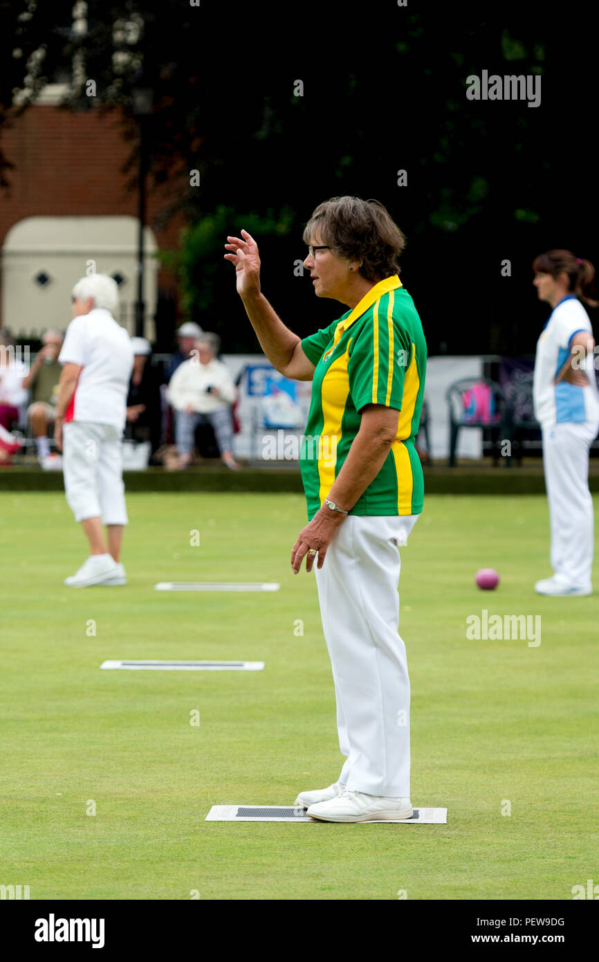 A player signalling at the national women`s lawn bowls championships, Leamington Spa, UK Stock Photo